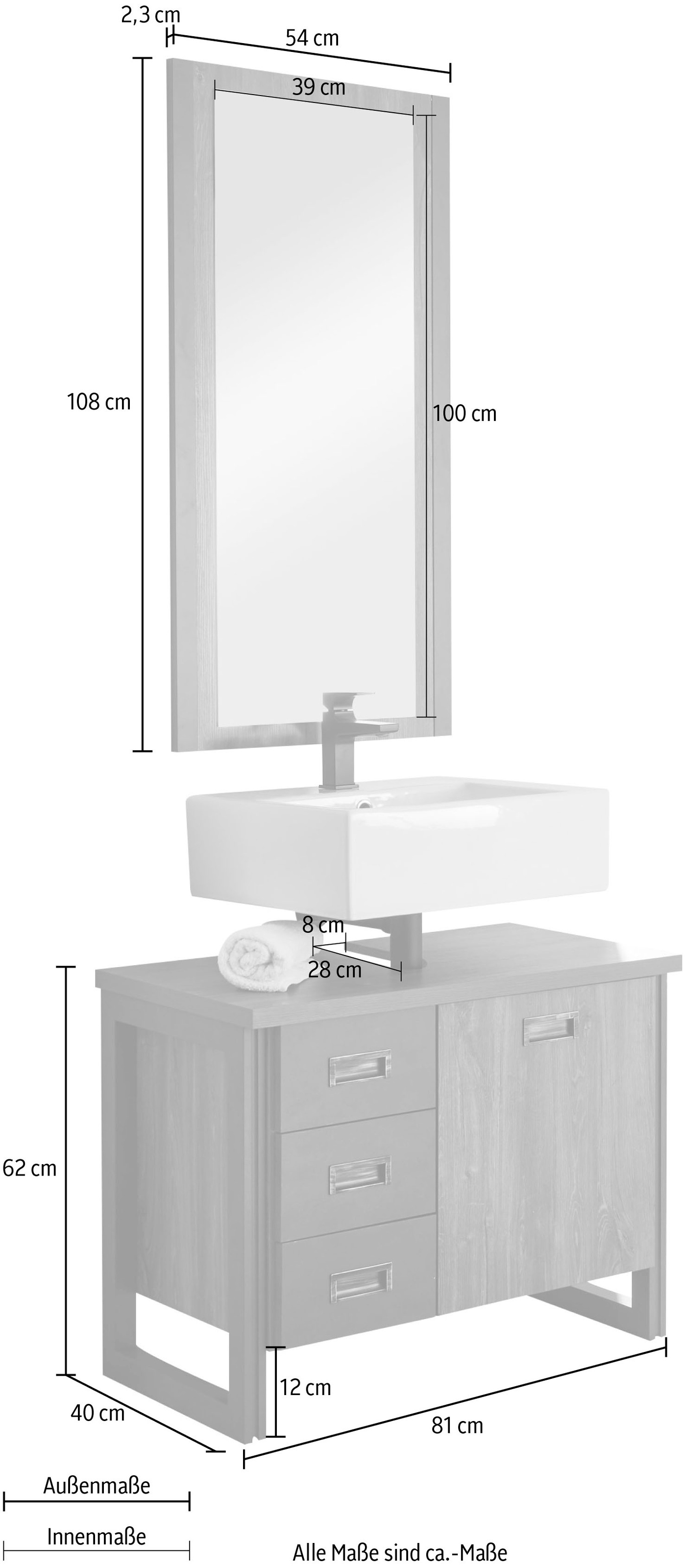 Home affaire Badmöbel-Set »Detroit, Bad im Industrialdesign, 2-teiliges Badezimmer« Set, 2 Stk. tlg.