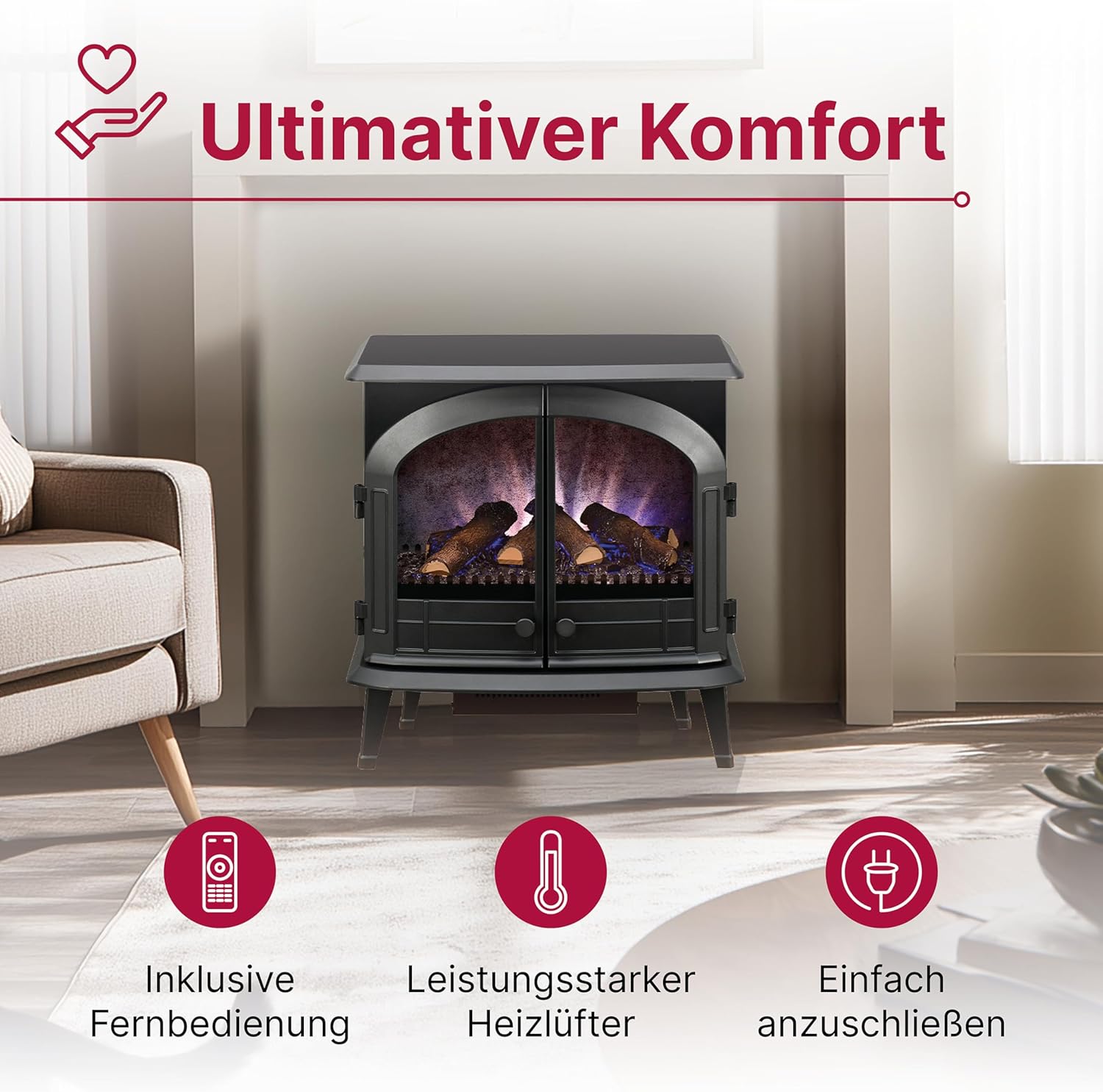 Dimplex Emberly Elektrokamin - 3-Seitiger Elektrokamin mit Heizung & Kaminfeuer - LED Kamin mit Optiflame Flammeneffekt - Zuschaltbarer 2kW Heizlüfter - Inkl. Fernbedienung und App