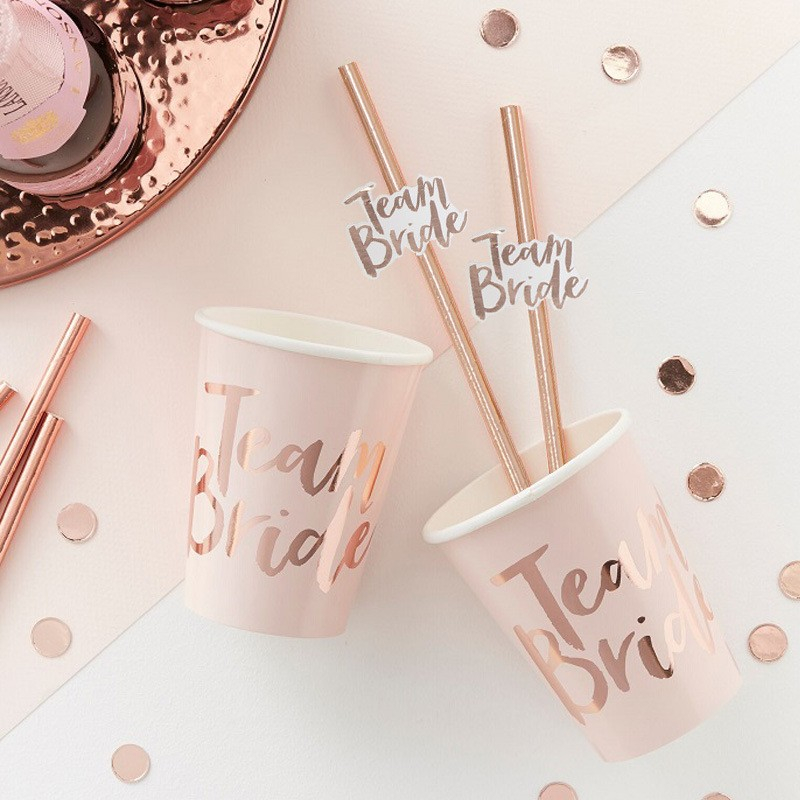 (20-tlg. Set) 20cm Junggesellinnenabschied Papier Strohhalm Team Bride Trinkhalm   Sticker - Roségold / Weiss