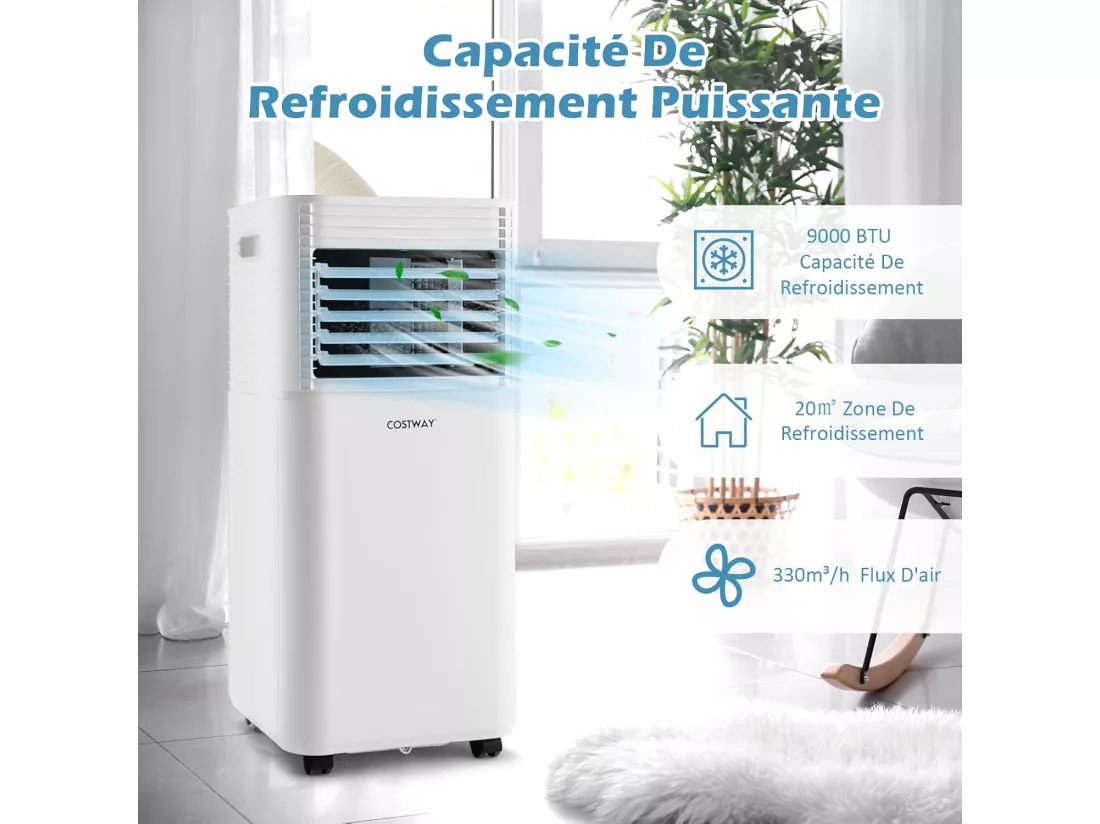 Climatiseur Mobile R290 4 en 1 - 9000 BTU 20 m² 2,6 kW [Classe Energétique A] avec Télécommande （Blanc)