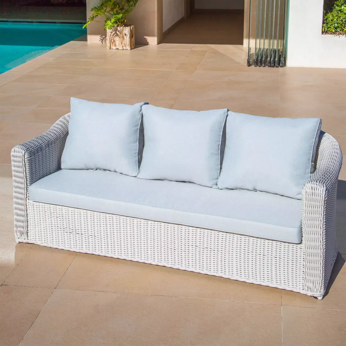 Canapé de jardin en résine tressée 3 places Calvi Blanc et gris clair