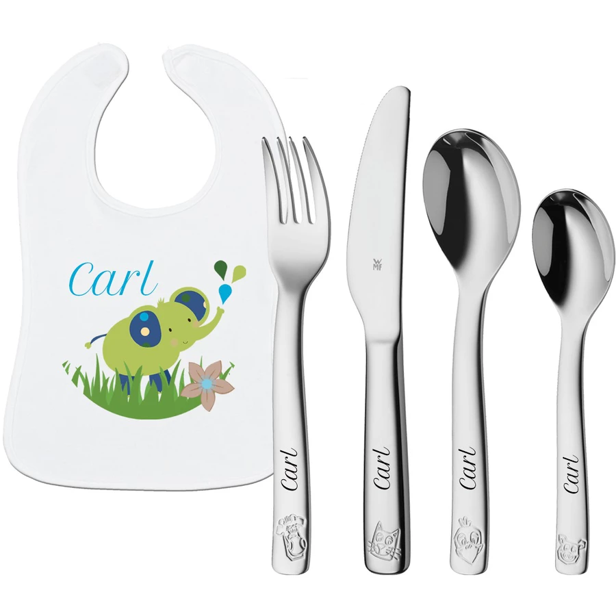 Schnullireich Geschenkset mit Namen WMF Kinderbesteck Farm + Baby Lätzchen Elefant Silber