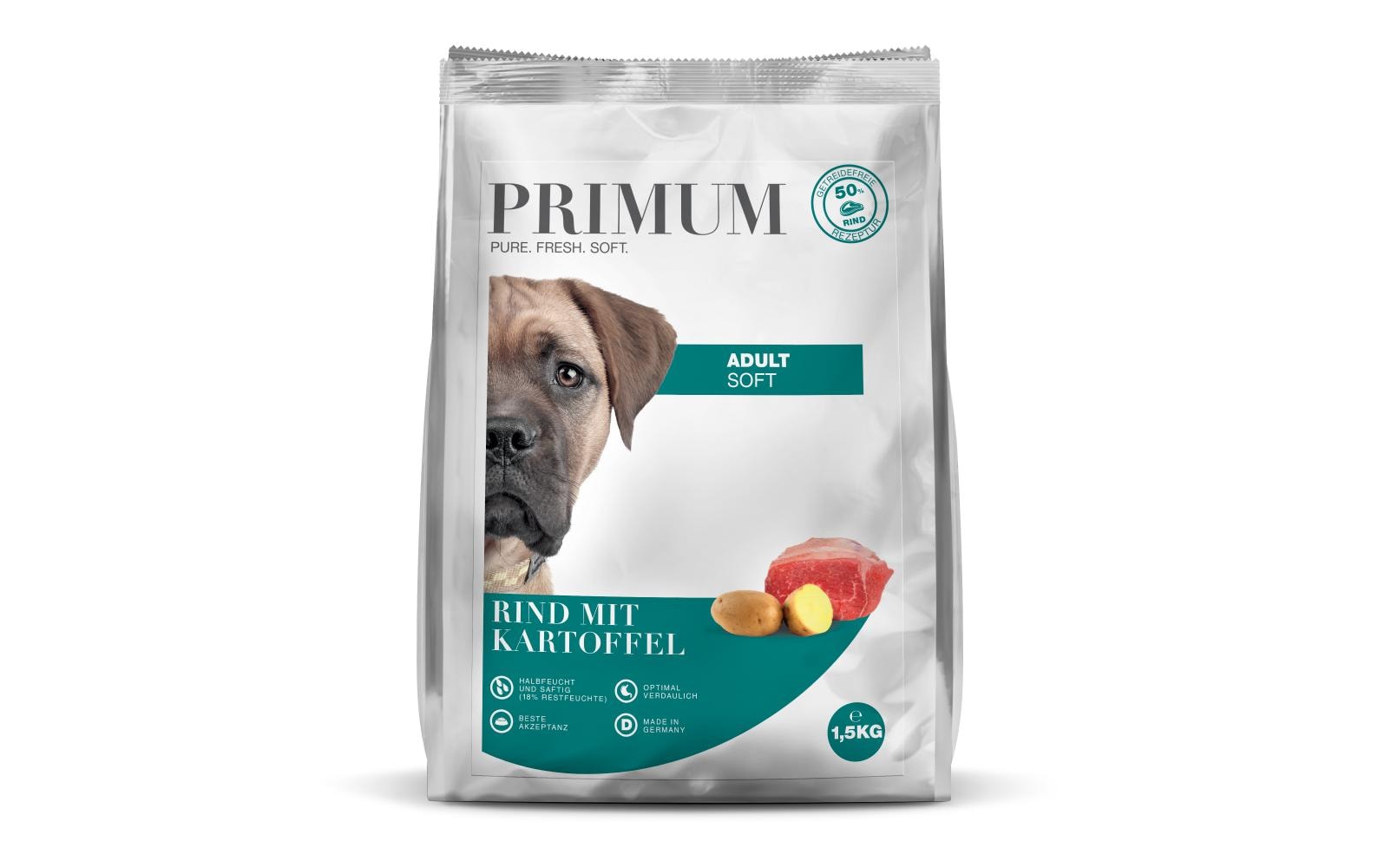 Halbfeuchtfutter Adult Rind mit Kartoffel 1.5 kgGetreidefreies Alleinfuttermittel für ausgewachsene Hunde