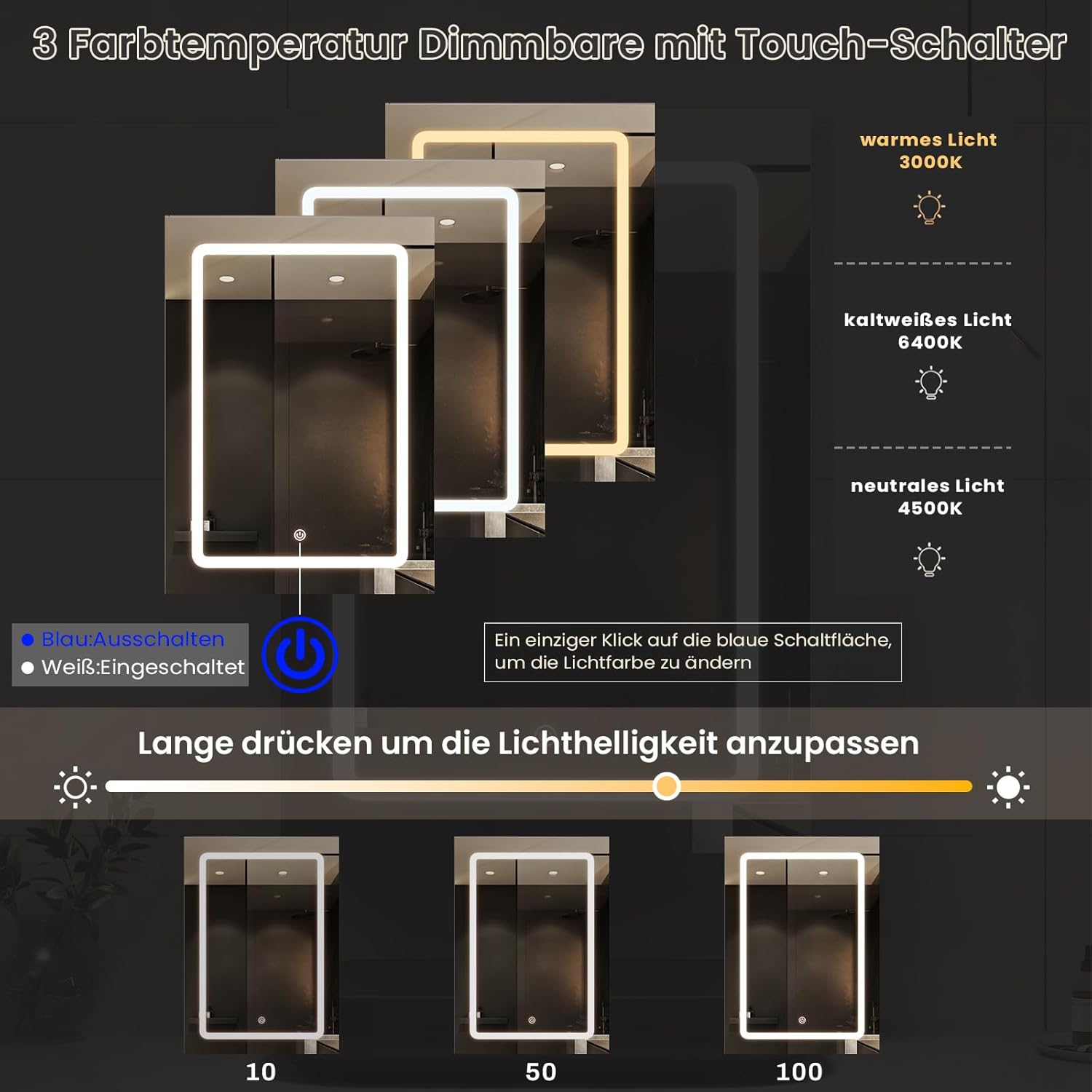DICTAC Spiegelschrank Bad mit Led Beleuchtung 50x70x16cm Einzeltür Badezimmer spiegelschrank mit licht und Verstellbares Regale Badschrank mit Einstellbar Spiegel,Berührung Sensorschalter,Weiß