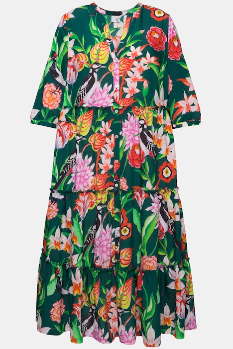 Maxikleid, Stehkragen, V-Ausschnitt, 3/4-Arm, Knöpfe
