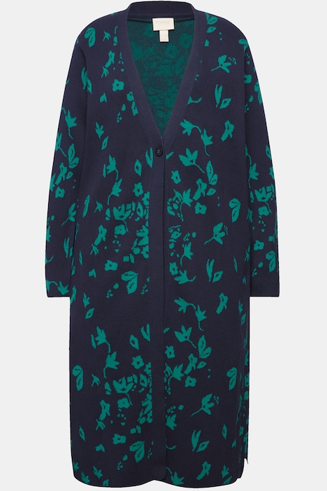 Long-Strickjacke, Blätter, V-Ausschnitt, Biobaumwolle