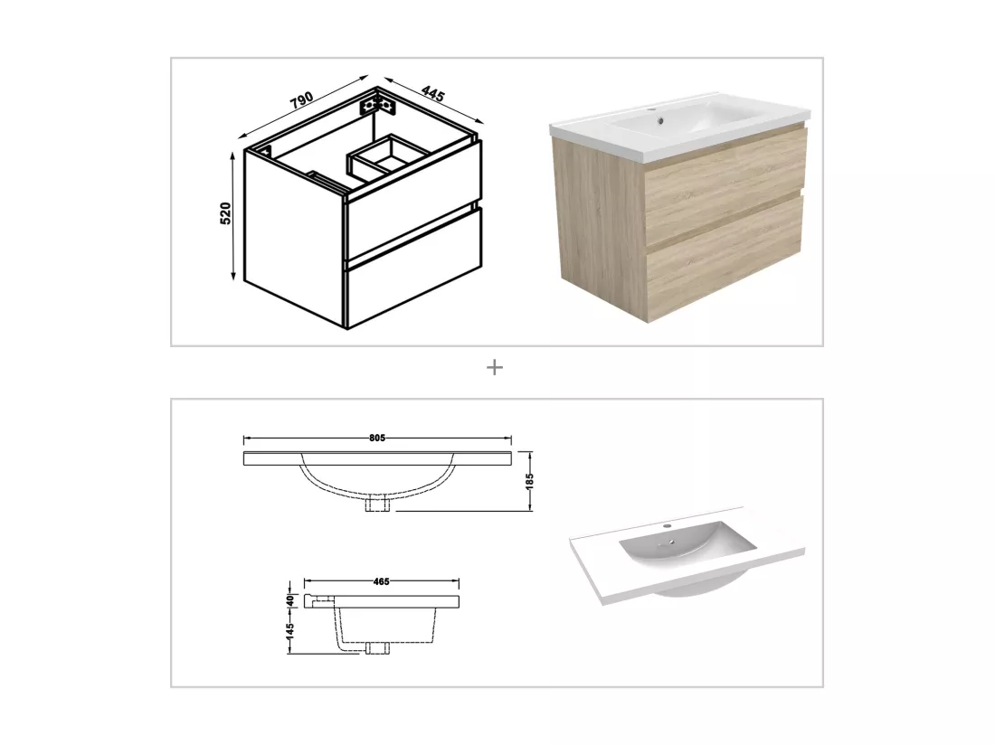 Ensemble meubles Salle de Bain 80cm avec colonne et miroir lumineux 3 couleurs Chêne Wotan