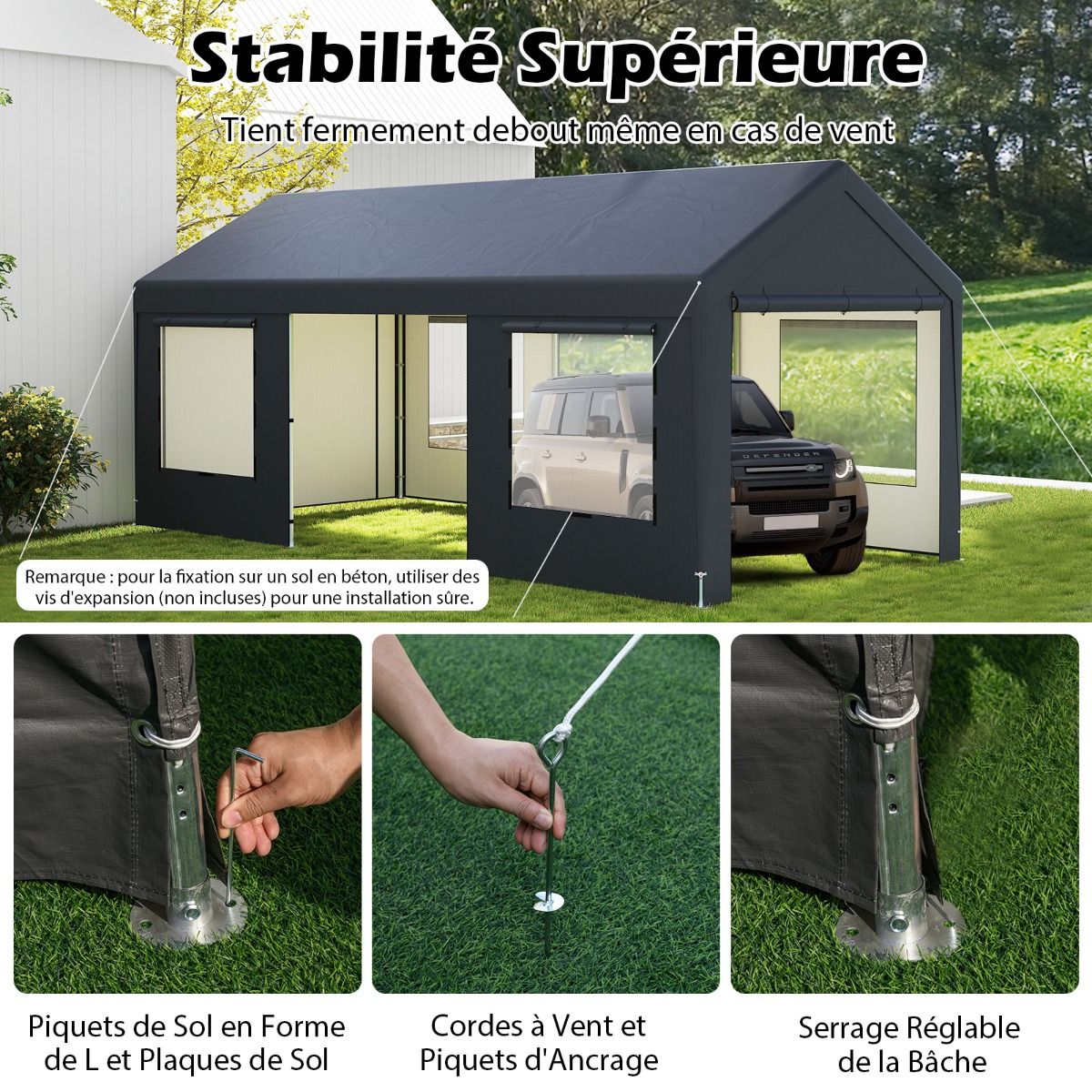 Abri de Voiture 595 x 300 cm Extérieur Tente de Garage avec 8 Parois Latérales Amovibles Portes Enroulables Fenêtres Ventilées Gris - Lidl-Manfred