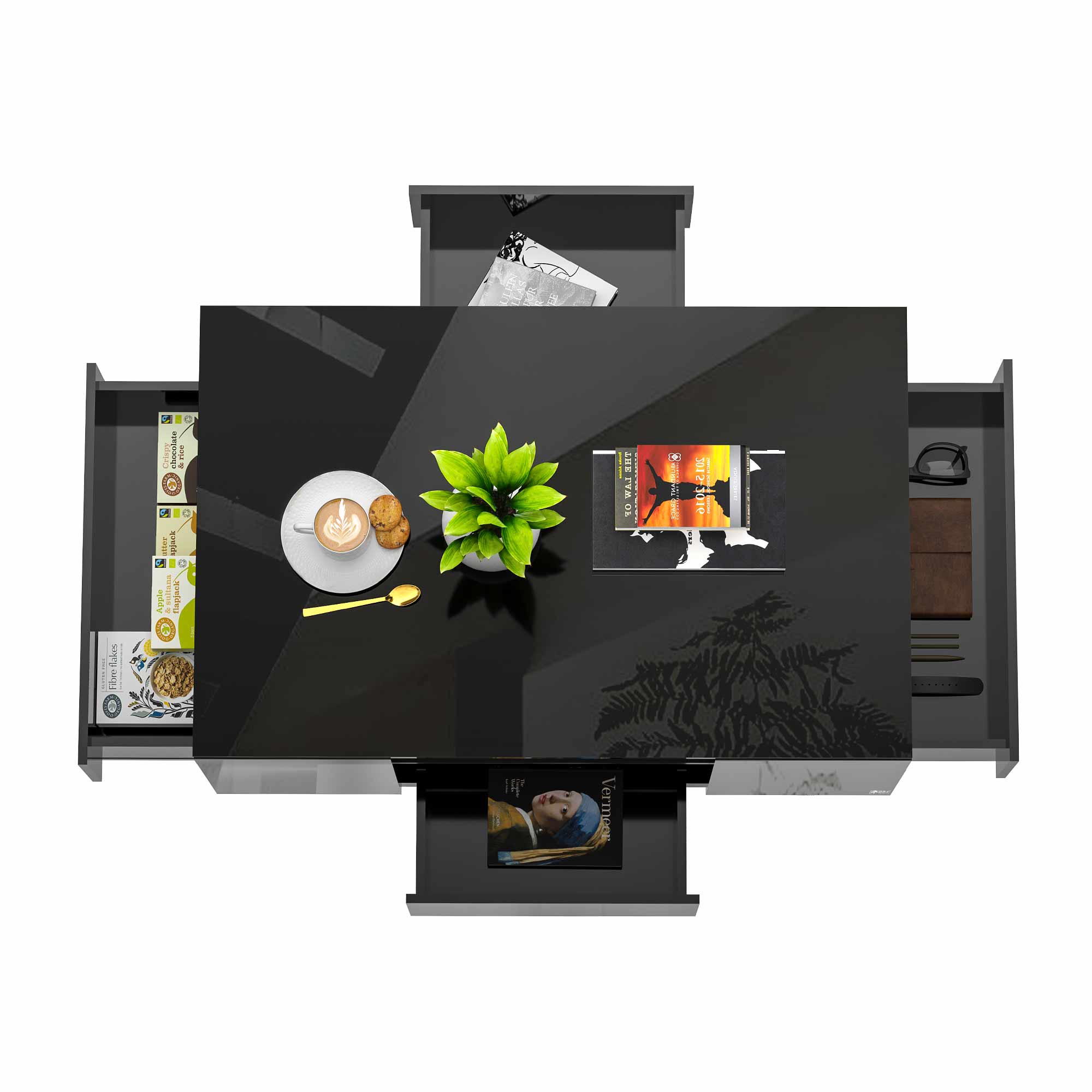 Makika LED Couchtisch / Design Wohnzimmertisch mit Ablagefach und Schubladen - Schwarz Hochglanz