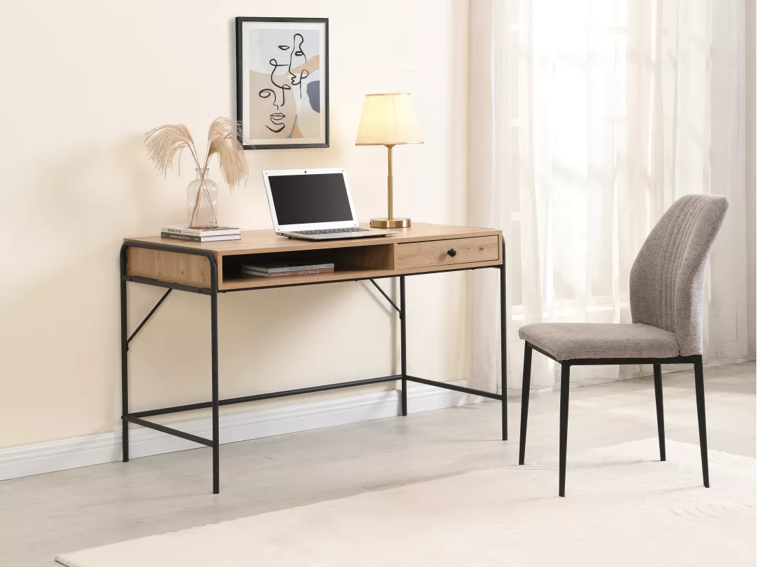 Bureau avec 1 tiroir et 1 niche - MDF et métal - Coloris : Naturel et noir - LAROFI