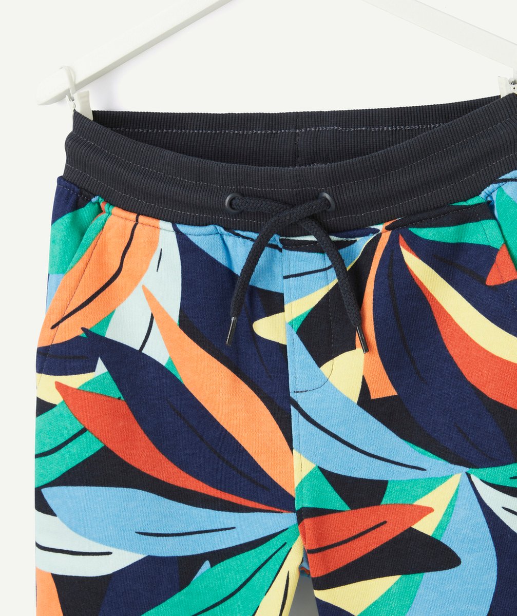 bermuda garçon en coton biologique bleu marine imprimé tropical coloré