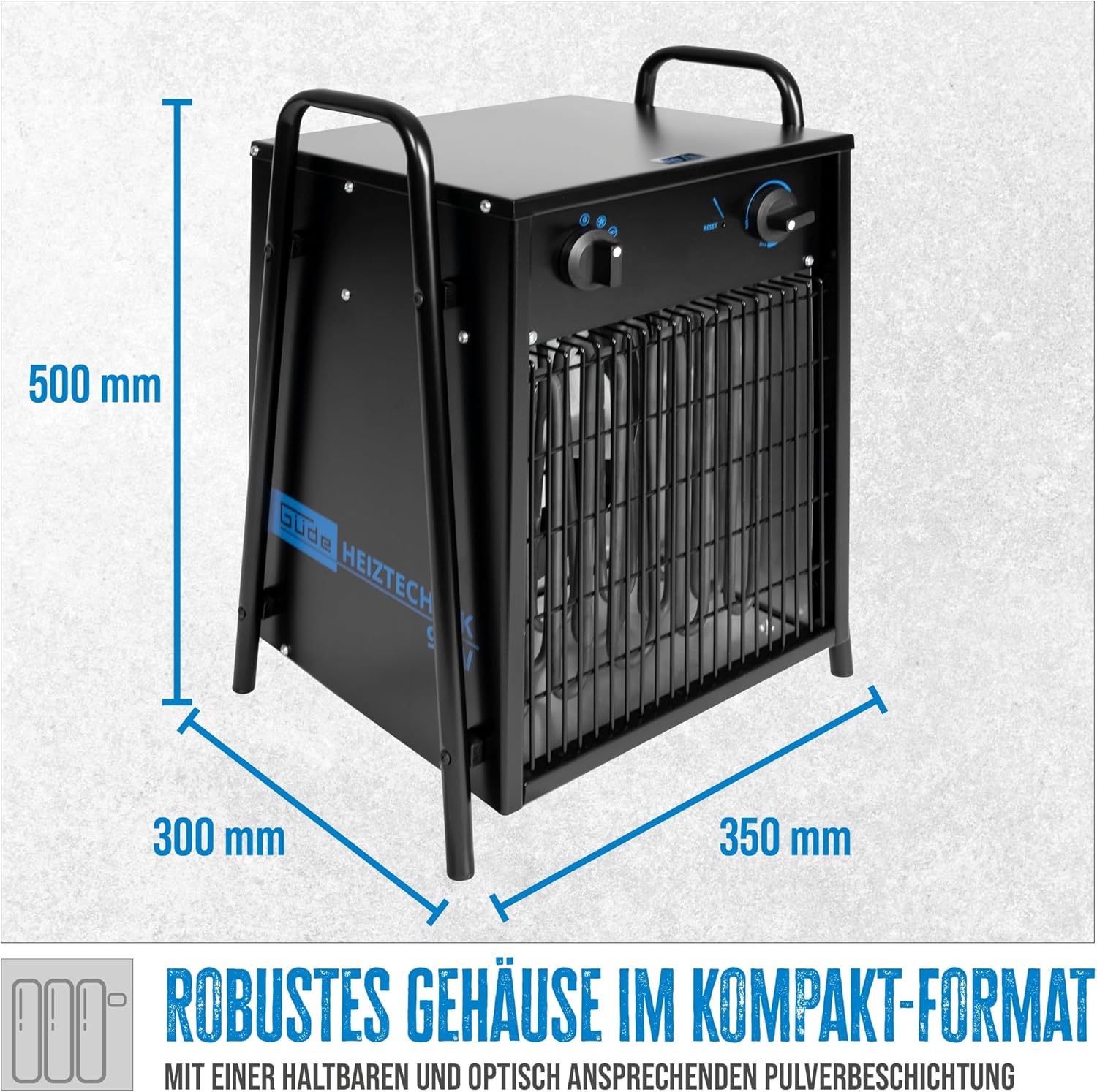 Güde GH 9 EV Elektroheizer - 400 Volt, 9 Kilowatt, zwei Heizstufen 4,5 und 9 Kilowatt, Ventilatorfunktion, Gebläseleistung 780 Kubikmeter pro Stunde, stufenloser Thermostat, Überhitzungsschutz