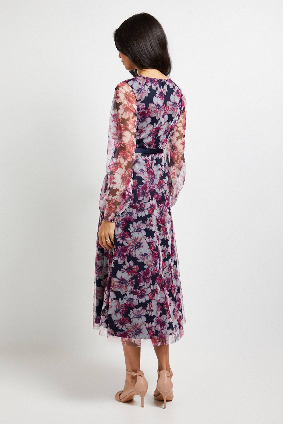 Wallis Robe Midi en Satin à Nouer avec Superposition de Tulle Floral