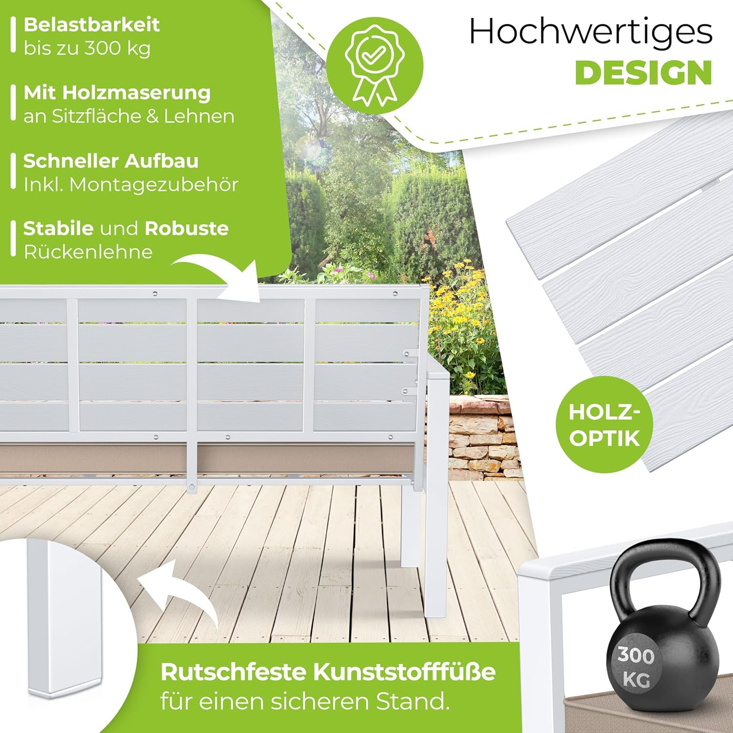 KESSER® Gartenbank mit Kissen – Sitzbank Wetterfest 2-Sitzer Parkbank in Holzoptik Balkonbank für Garten Terrasse Balkon bis 300 kg belastbar UV-beständig inkl. abnehmbarem & waschbarem Polsterbezug