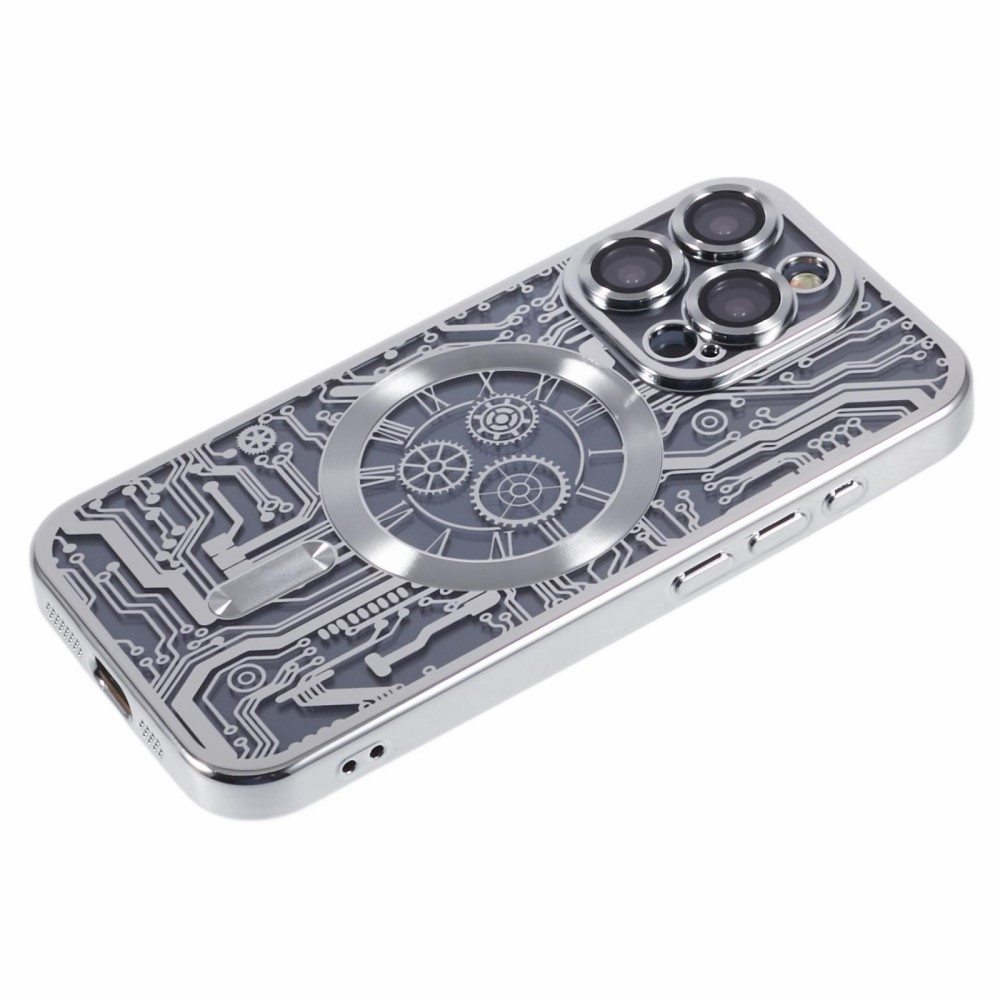 iPhone 14 Pro MagSafe Gummi Case Hülle Galvanisierter Rahmen im Mechanischen Zahnrad Design   Kameraglasschutz - Silber