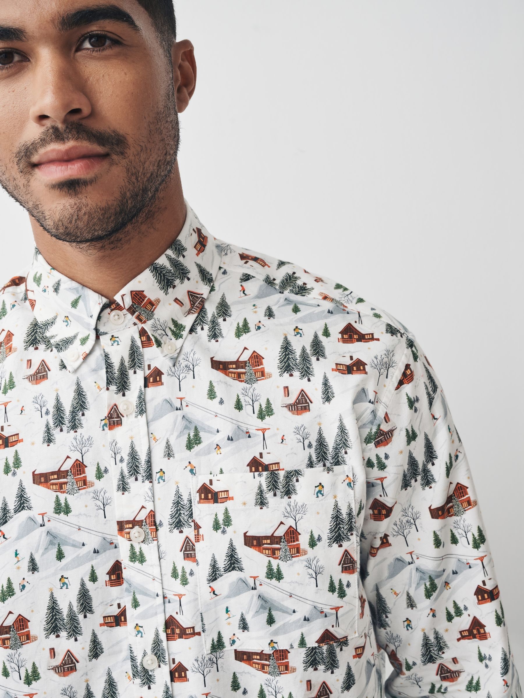 Wit - Overhemd met kerstprint en lange mouwen