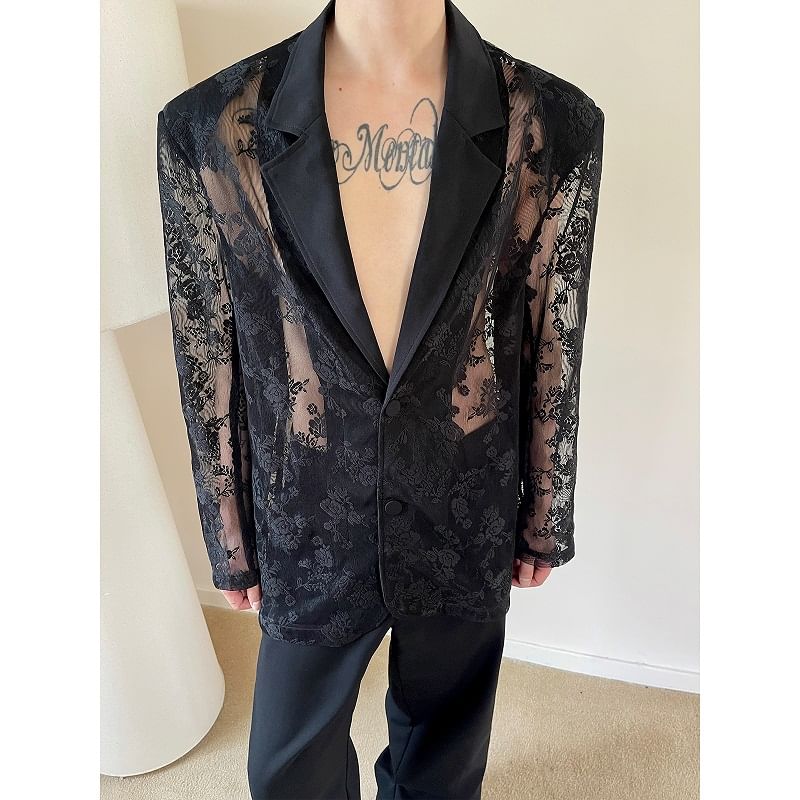 Orungeetun - Blazer met reverskraag en bloemenjacquard, enkelrijs mesh