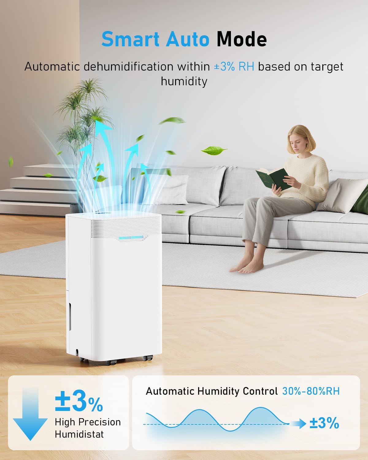 Luftentfeuchter Elektrisch 12L/Tag mit 24H Timer, 3Modus, Automatischer Abschaltung, Luftentfeuchter Mit Ablaufschlauch für Räume bis zu 100m³, für Wohnung, Keller, Wohnzimmer, Weiß