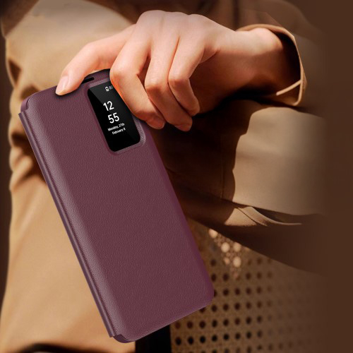 Samsung Galaxy S25 Ultra Leder Hülle Small Window View Flip Case Litchi Look- Dunkelrot