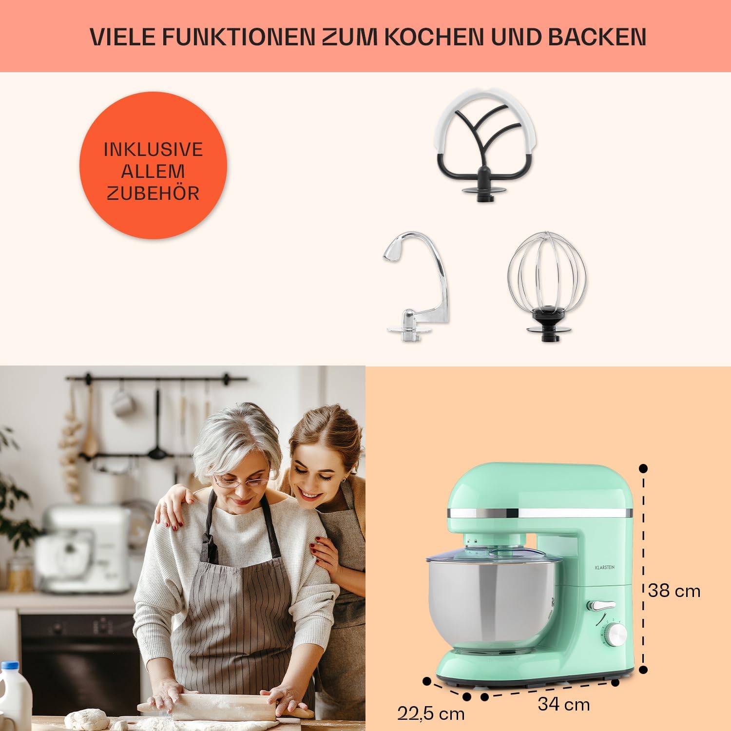 Klarstein Küchenmaschine, Knetmaschine mit 5L Schüssel, 1800W Profi Küchenmaschine mit Knethaken und Schneebesen mit 6 Stufen, Teigmaschine zum Rühren, Kneten und Aufschlagen