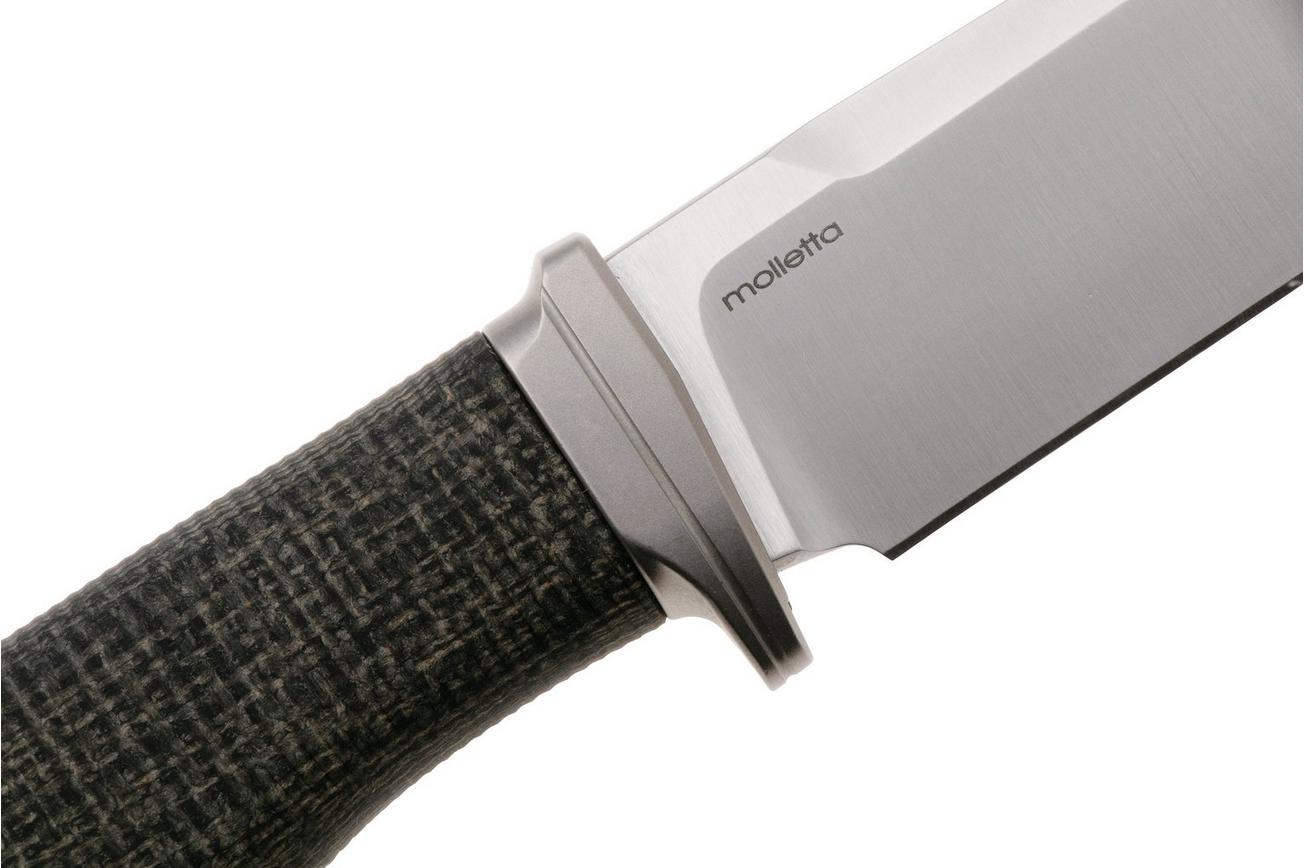 LionSteel Acha AH BLB Satin M390, Black Burlap Micarta, Titanium Guard, vaststaand mes