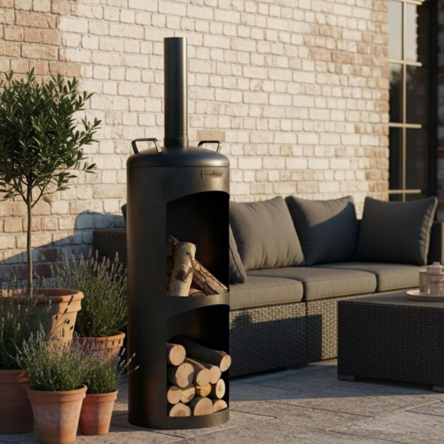 BENE ON FIRE Gartenofen Massachusetts rund 158 cm | Outdoor Terrassenofen mit Brennkammer und Holzlager | Gartenkamin aus Stahl schwarz | Kaminofen modern | Lagerfeuer Garten