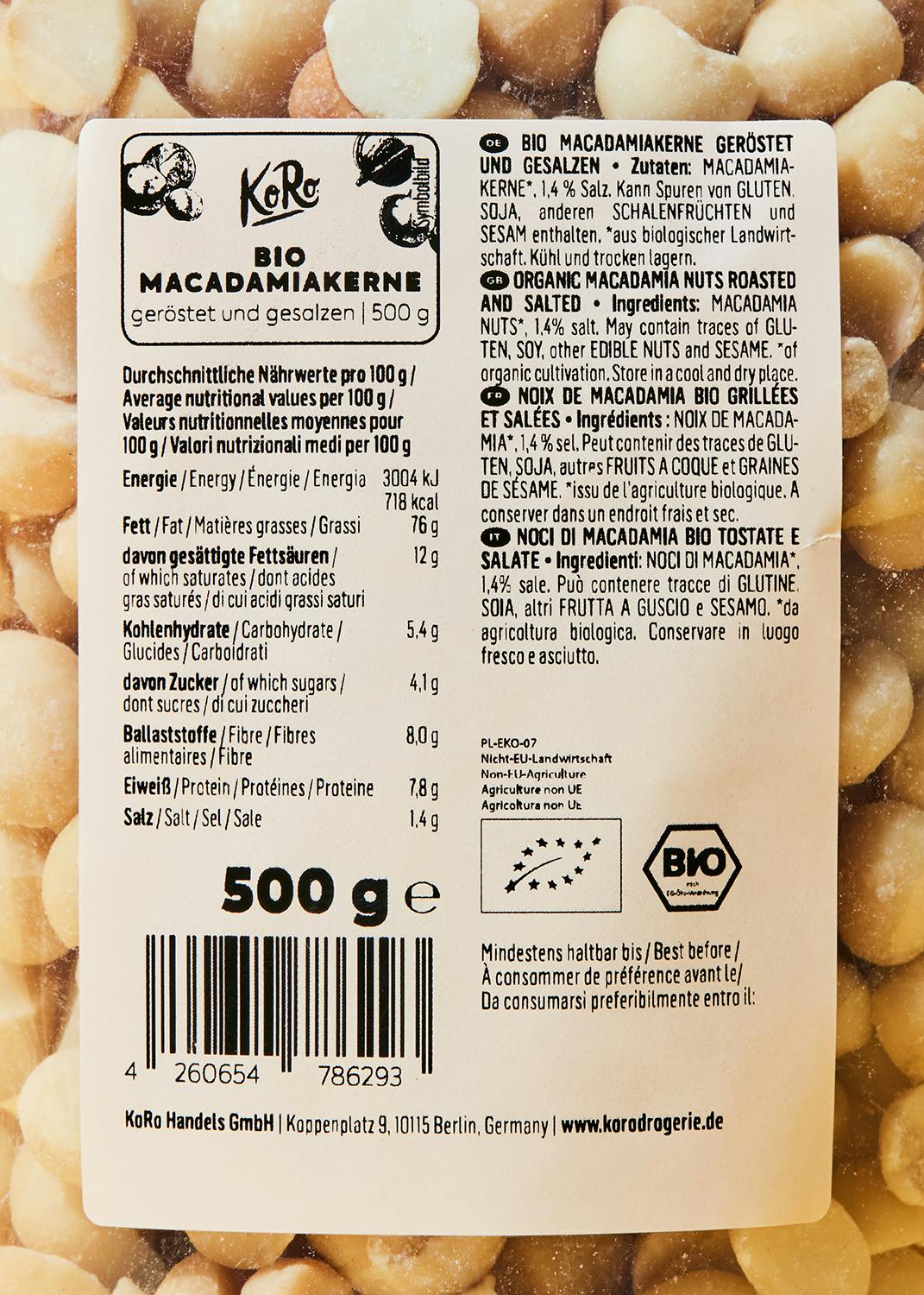 Geröstete und gesalzene Bio Macadamiakerne 500 g
