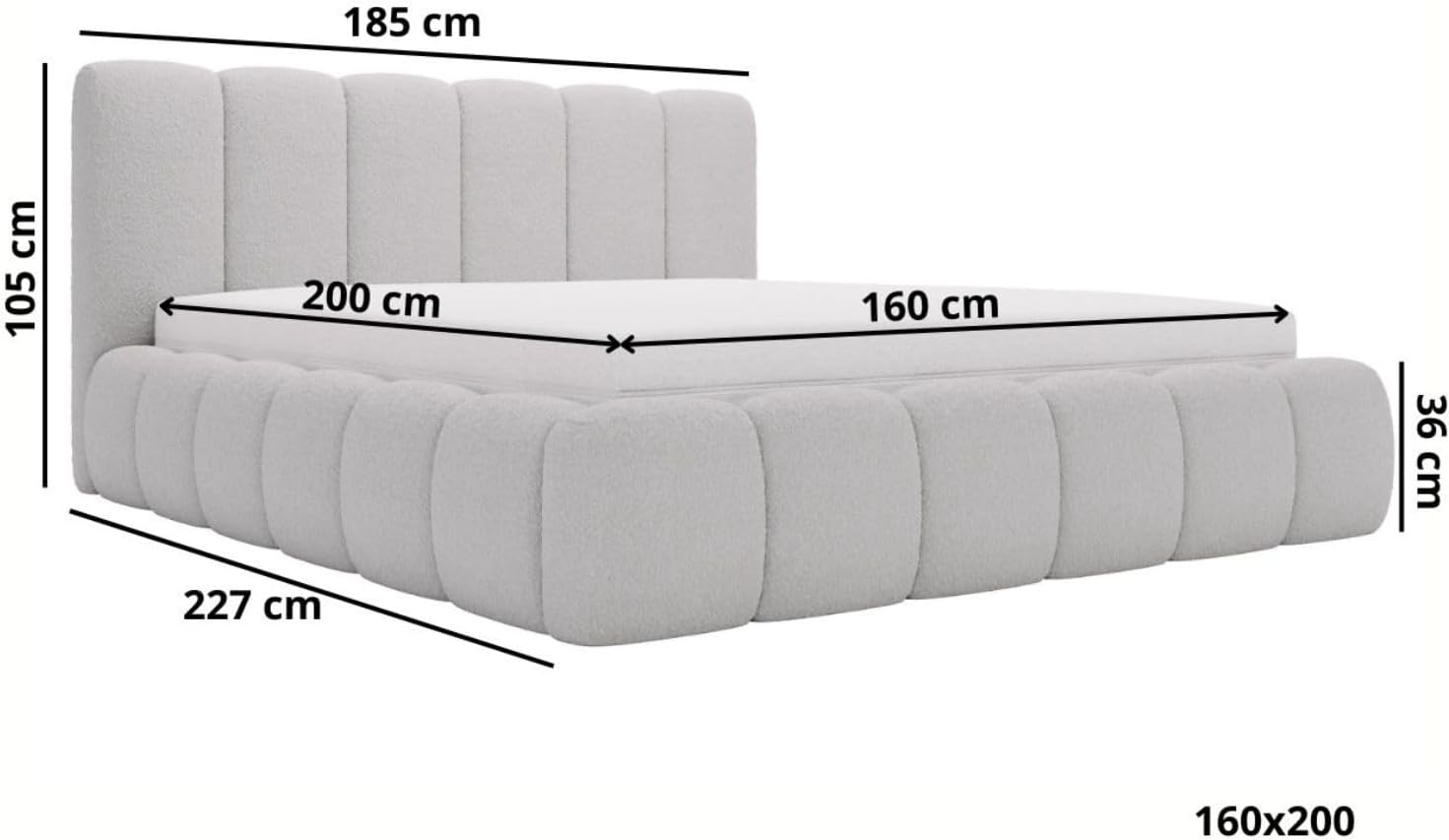 GRAINGOLD Cloud Bett 160x200, Polsterbett mit Bettkasten, Polsterbett mit Stauraum, Bouclé-Stoff, mit Lattenrost, mit Kopfteil, ohne Matratze (Beige, 160x200)