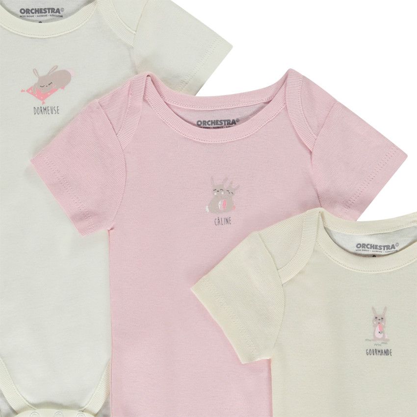 Lot de 7 bodies manches courtes motifs lapins pour bébé fille - Ecru