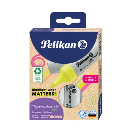 Pelikan Textmarker 490® eco, Set aus 4 Neon-Farben im Etui