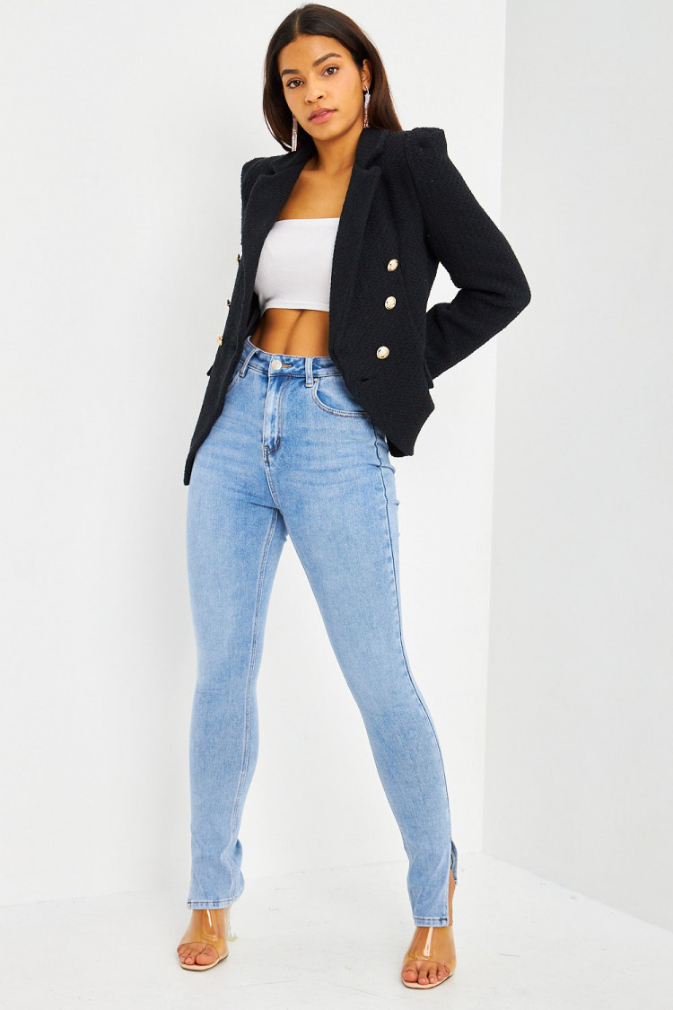 Blazer noir aspect tweed boutons perles