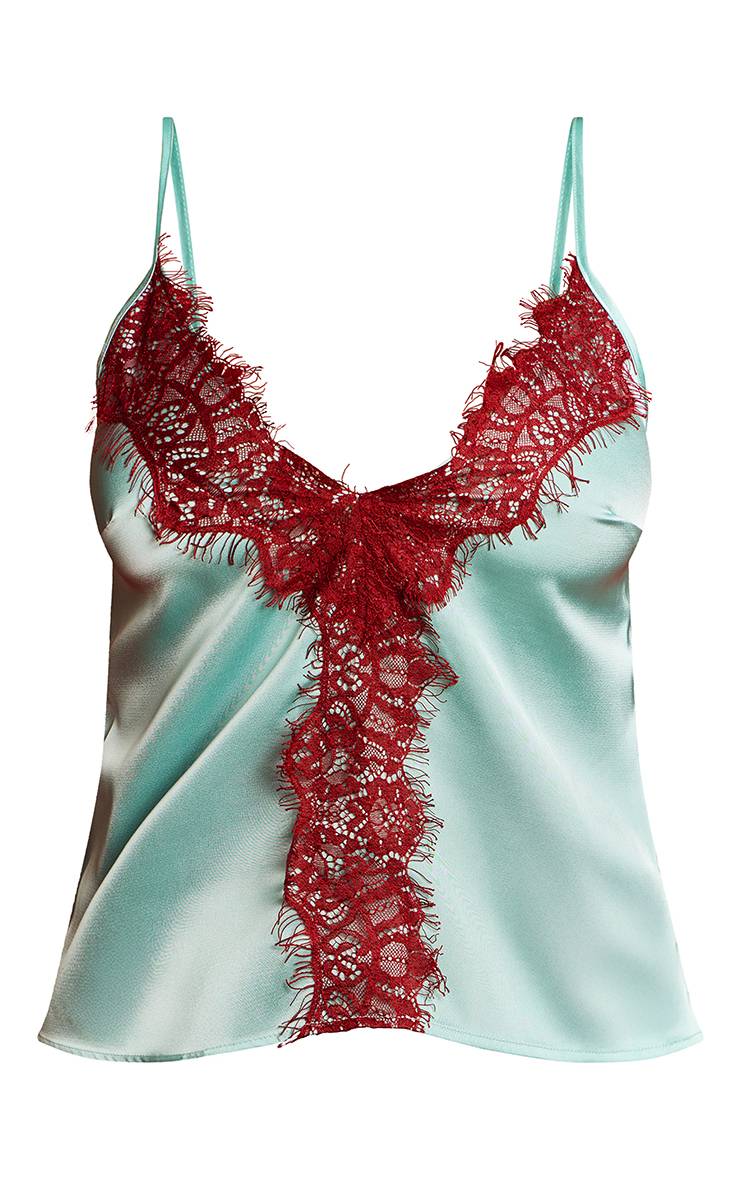 Bleu Aqua Caraco En Satin Avec Détails Contrastés En Dentelle