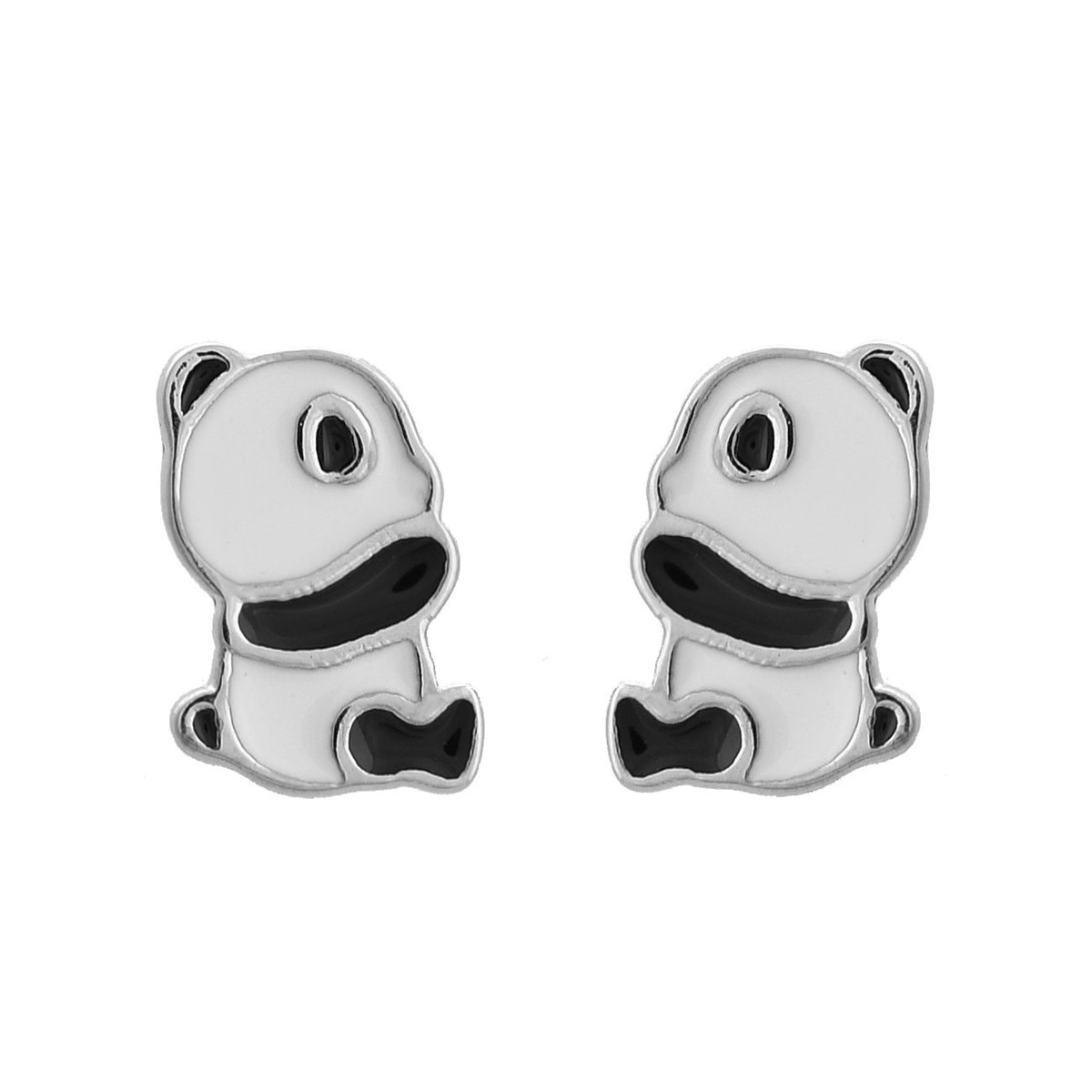 Boucles d'oreilles panda émail coloré blanc et noir Argent 925 Rhodié
