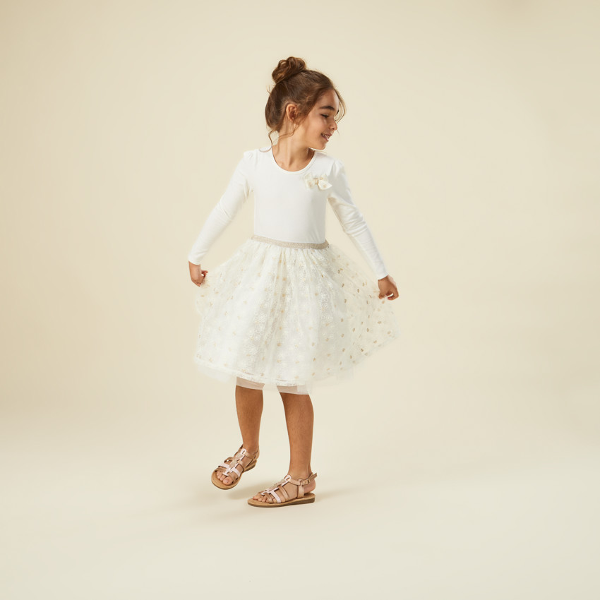 Robe de cérémonie manches longues effet 2 en 1 en tulle brodé pour fille