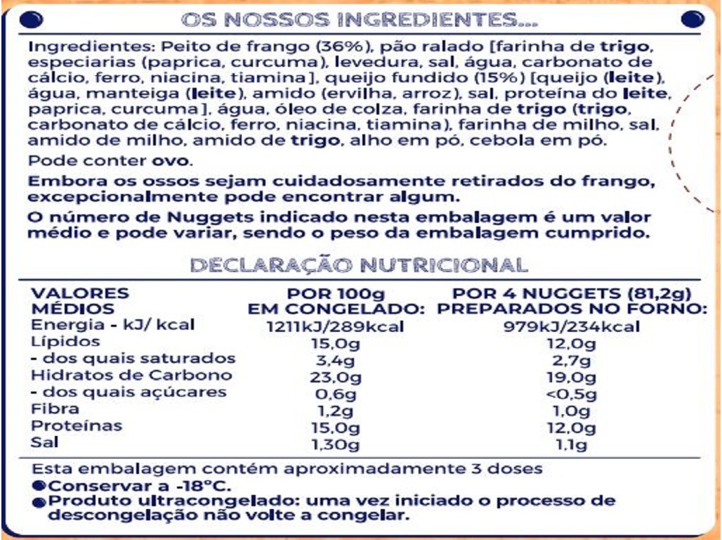 NUGGETS IGLO CAPITÃO FRANGO E QUEIJO 10UN 208G