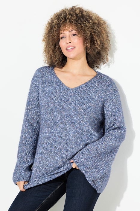 Pullover, melierter Feinstrick, V-Ausschnitt, Langarm