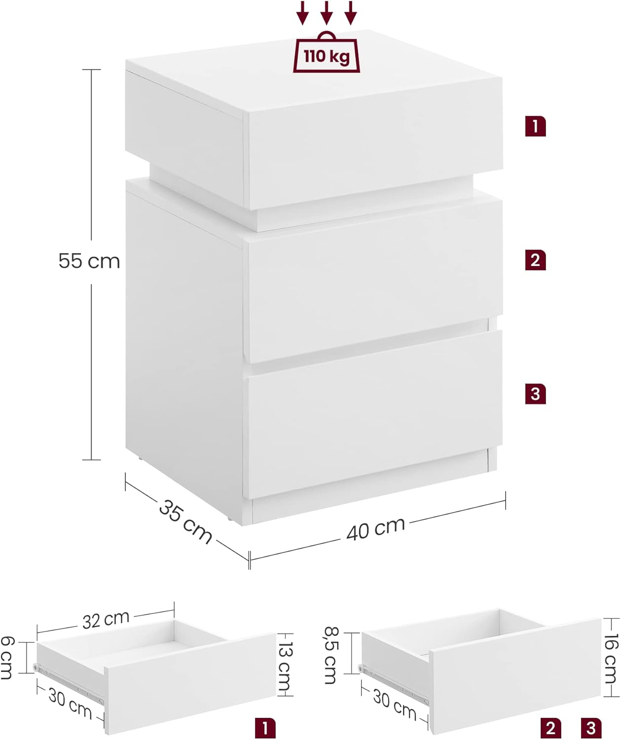 VASAGLE Kailyn Kollektion - Nachttisch 2er Set, LED-Beleuchtung, Beistelltisch, Sofatisch 3 Schubladen, Nachtschrank Schlafzimmer Wohnzimmer, modern, 35 x 40 x 55 cm, wolkenweiß LET0830W01