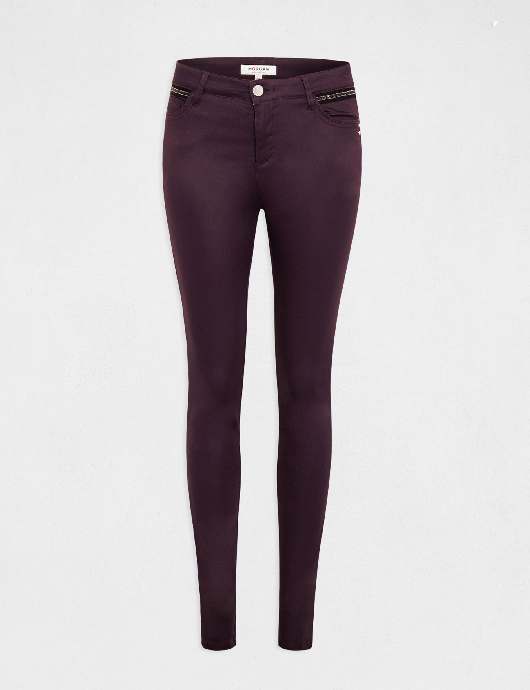 Pantalon skinny enduit à détails bijoux prune femme - prune