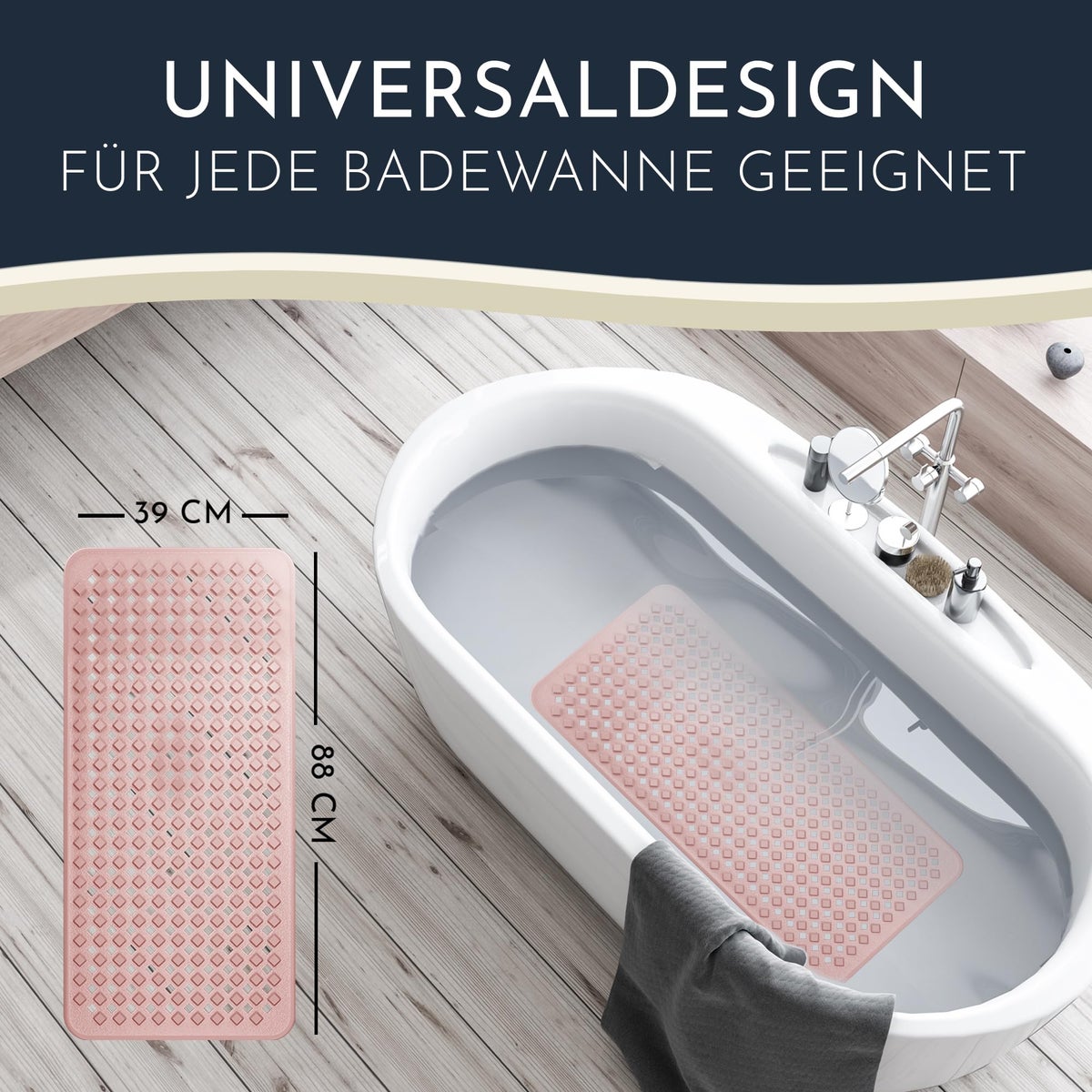Homerella Antislip Badmat, Huidvriendelijk, 88x39cm, INCL. OPHANGSTANG | Antislip Badmat, BPA-vrij | Schimmelwerende & Machinewasbare Douchemat | Antislip Badmat