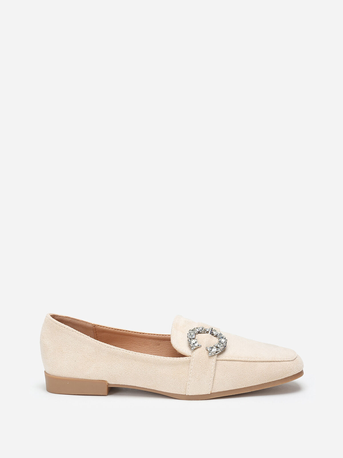 Mocassins en suédine avec boucle à strass- Beige