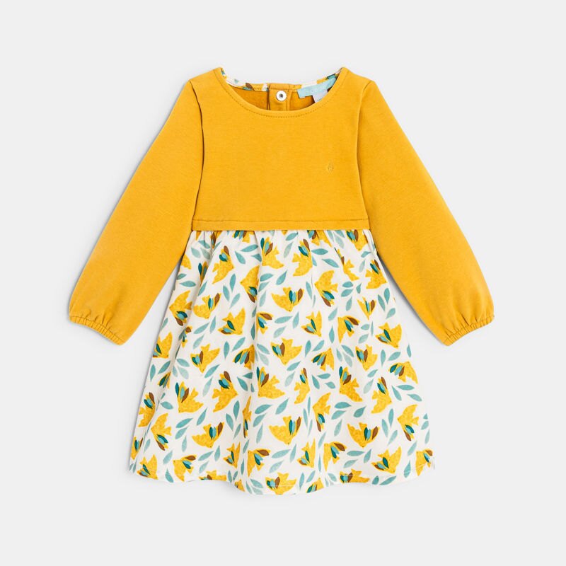 Robe bi-matière imprimée oiseaux jaune bébé fille Jaune