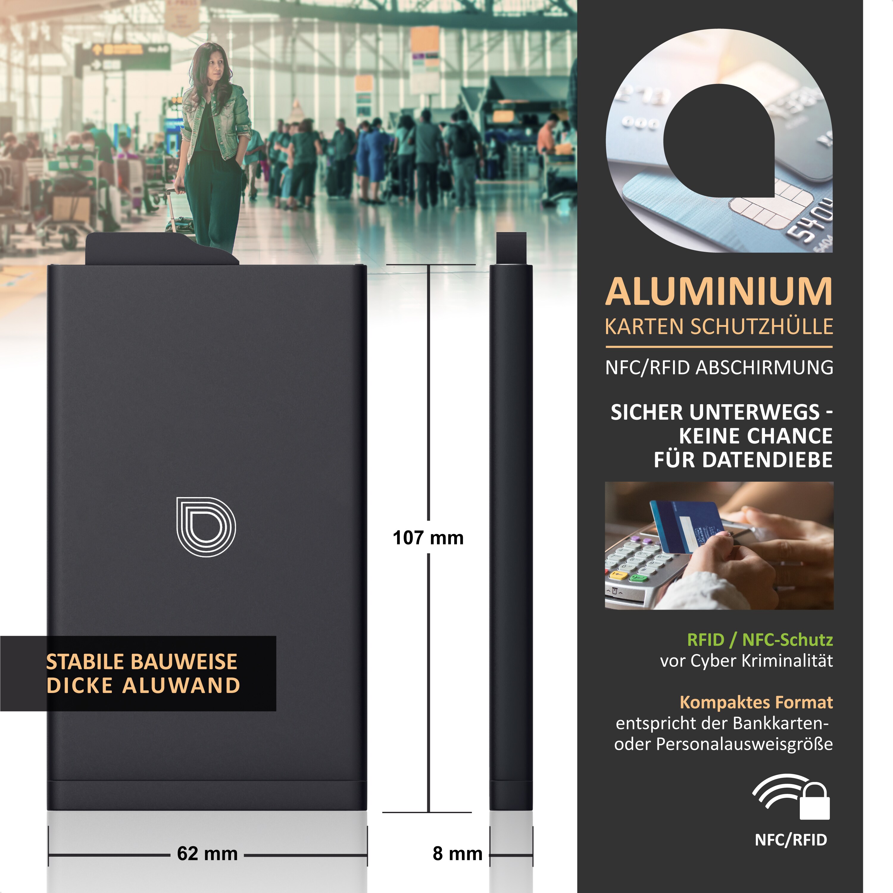 Aplic Karten Schutzhülle aus Aluminium für bis zu 6 Karten NFC / RFID Abschirmung Blocker