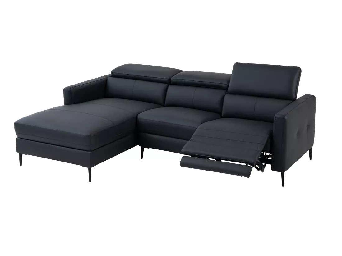 Canapé d'angle gauche relax électrique en cuir noir FUSETA
