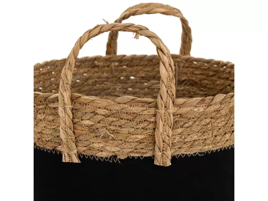 Panier en fibre naturelle et coton noir d31,5x25,5/33h