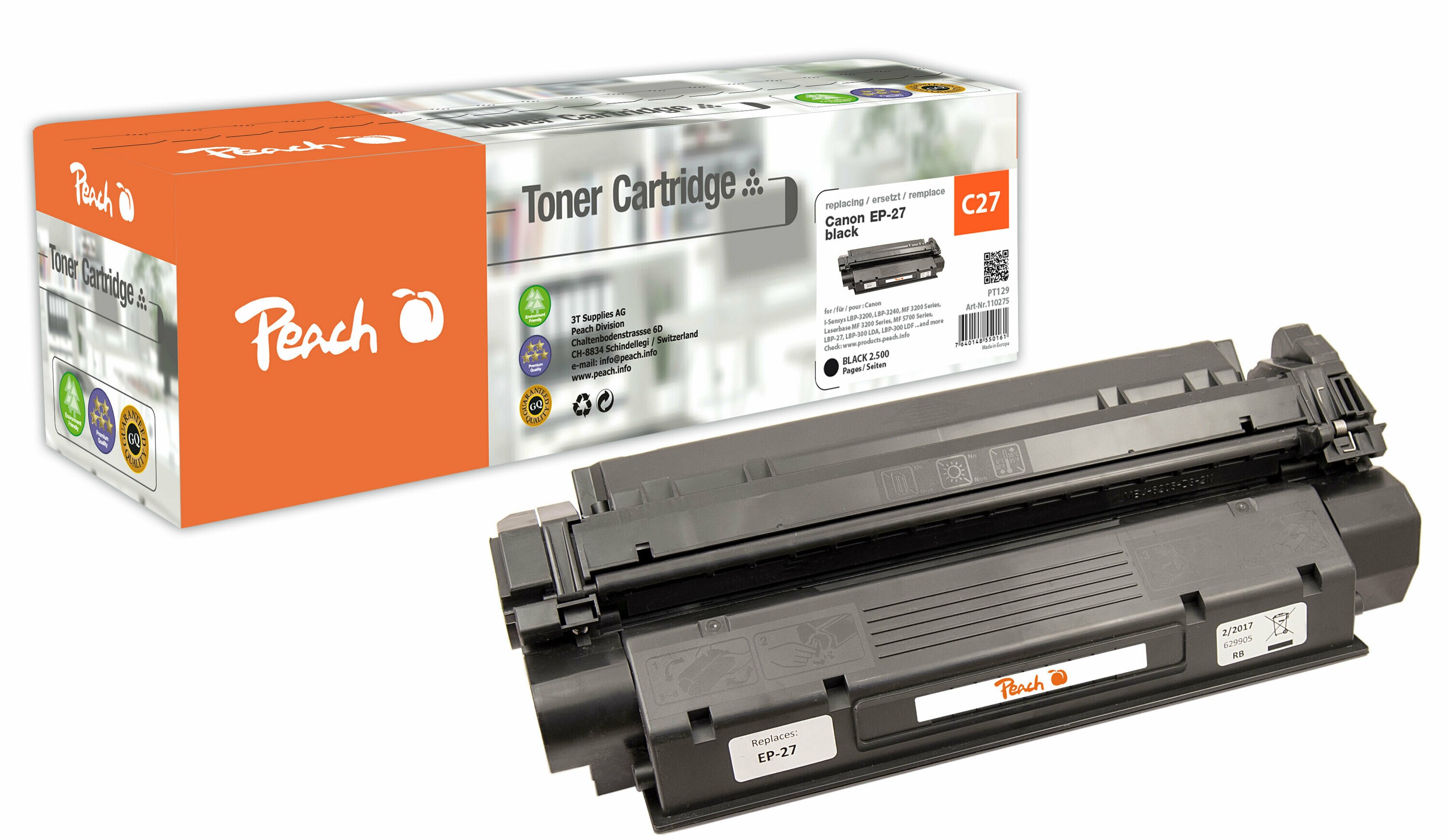 Peach C27Toner bk ersetzt Canon EP-27, 8489A002 für z.B. Canon ISensys LBP -3200, Canon ISensys LBP -3240, Canon ISensys MF 3200, Canon LBP -27 (wiederaufbereitet)