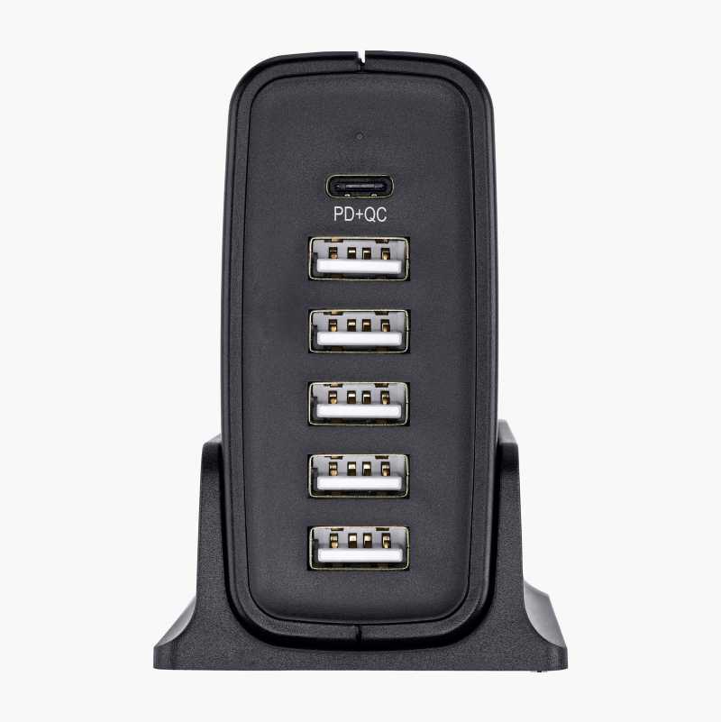 USB-ladestasjon med seks utganger, type A og C, PD og QC 3.0, 59 W