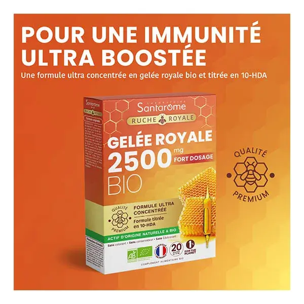 Geleia Real Santarome Royal Beehive 2500 mg Orgânica para Imunidade - 20 ampolas