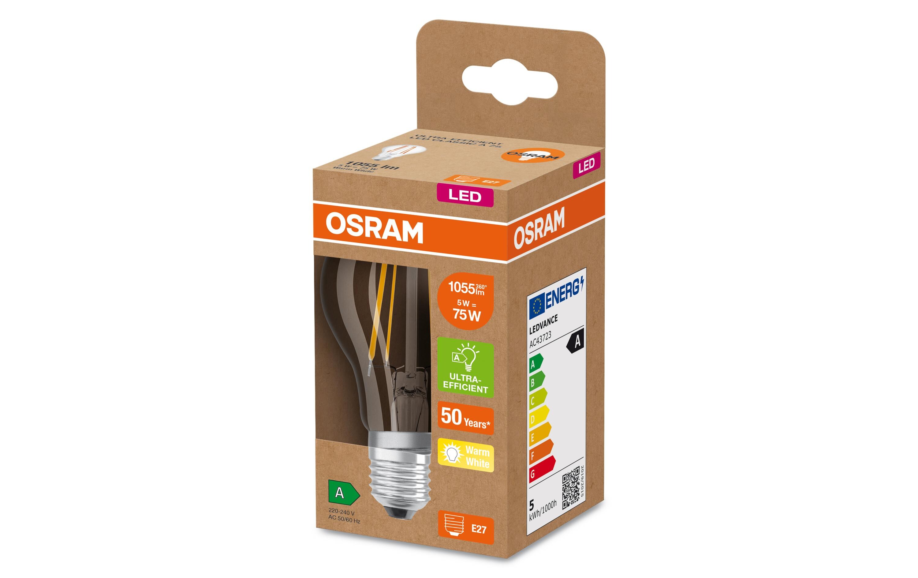 Lampe Clas A 75, 5W, E27, WarmweissLED-Lampen, klassische Kolbenform