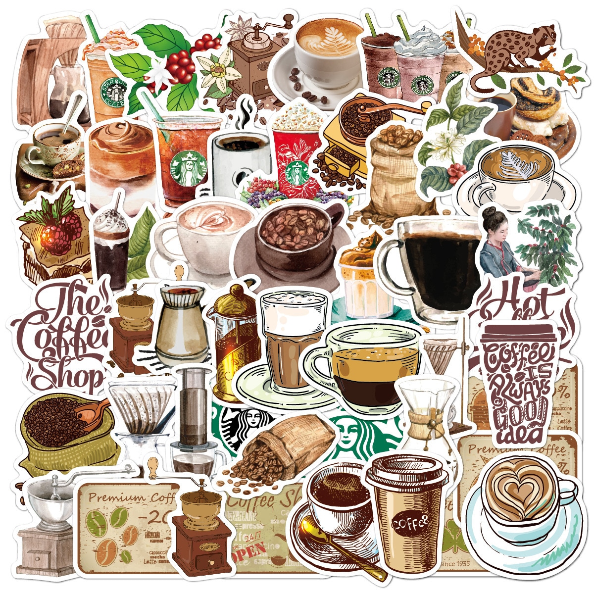 Klistremerker med kaffemotiv 50 stk Flerfarget