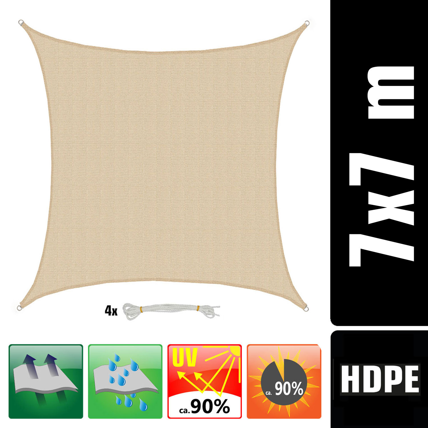 AMANKA 7x7m beige HDPE waterdoorlatend schaduwdoek